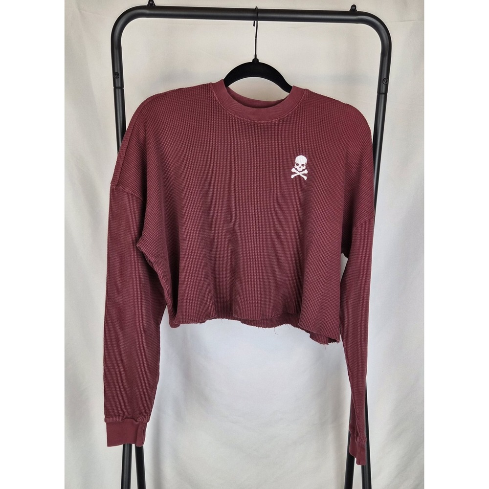 SoulCycle Julia Cropped Waffle Long Sleeve Burgundy Skull Size Large MSRP $98 - Picture 3 of 9